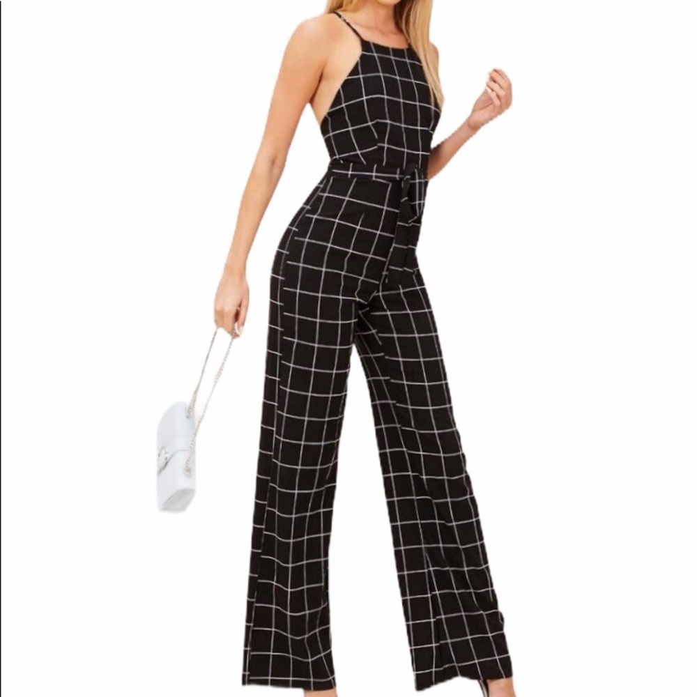 SHEIN Sleeveless Grid Jumpsuit Tie Waist Black XS